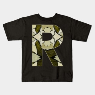 Letter R Monogram Initial Olive Green Pearl White Aesthetic Abstract Pattern Painting On Canvas Kids T-Shirt